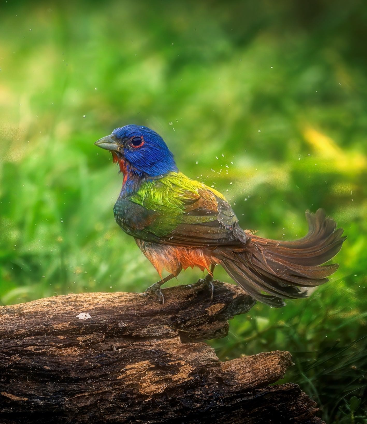 &ldquo;A Painted Bunting indulges in a refreshing bath &ndash; a vibrant watercolor masterpiece.&rdquo; Photo by Raj Bose. Sony Alpha 1. Sony 100-400mm f/4.5-5.6. 1/2500-sec., f/5.6, ISO 2500